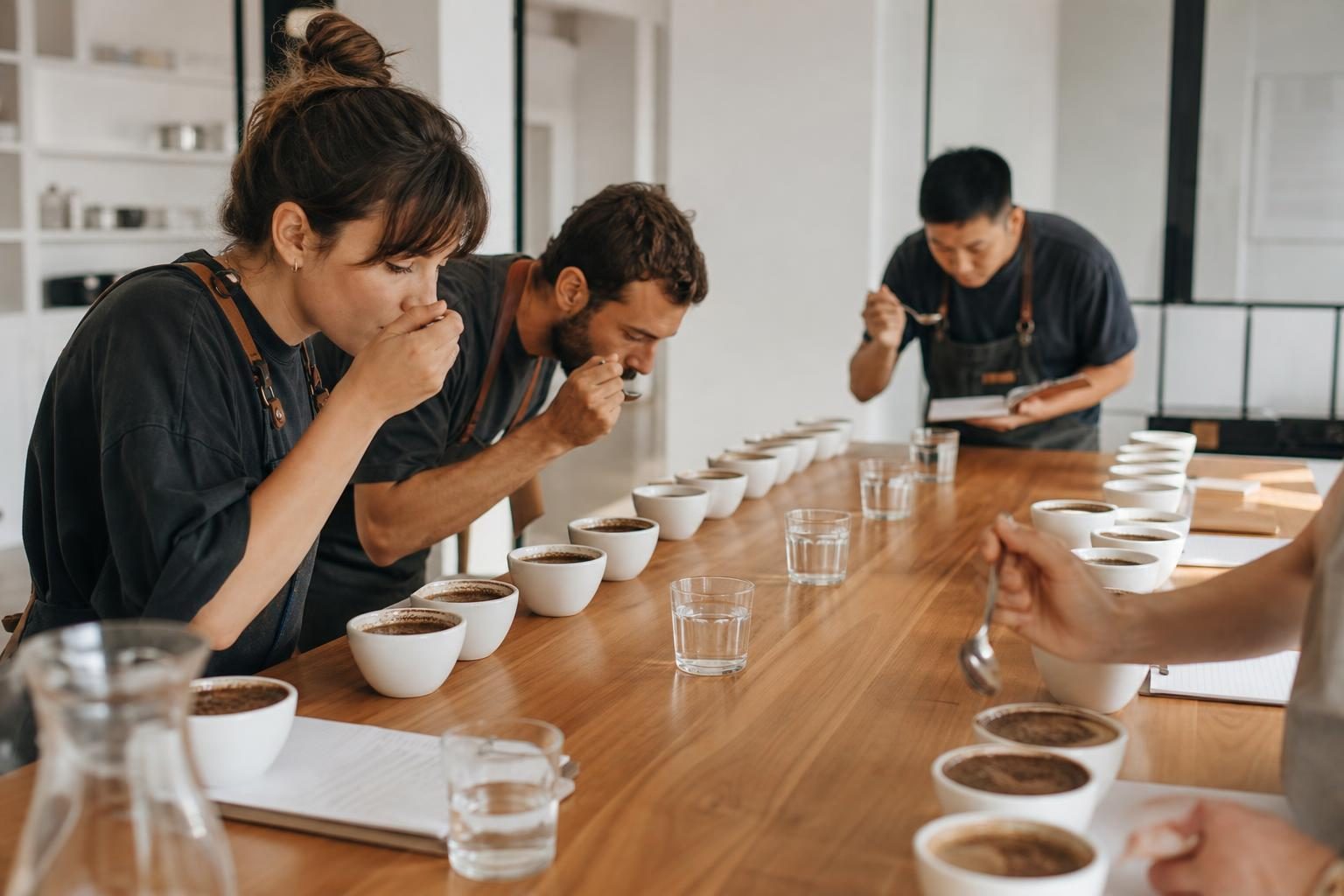 專業杯測課程，長桌上整齊排列的杯測碗與杯測匙