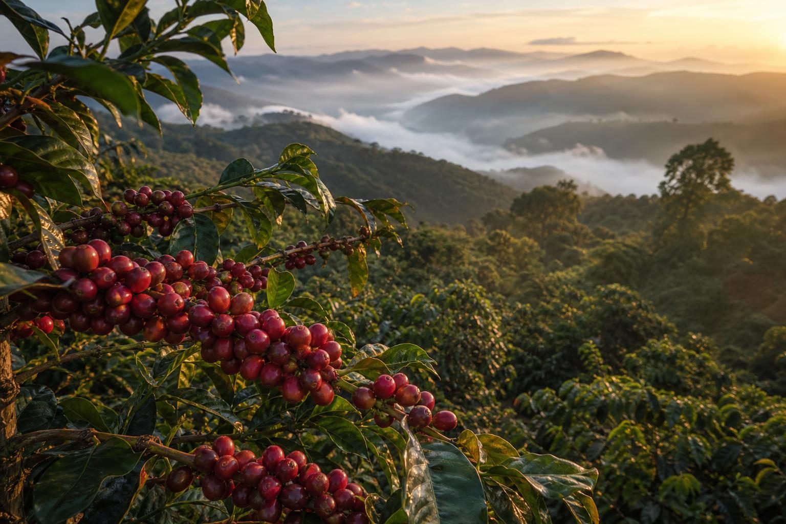 高海拔咖啡莊園枝頭上成熟的紅色咖啡果實